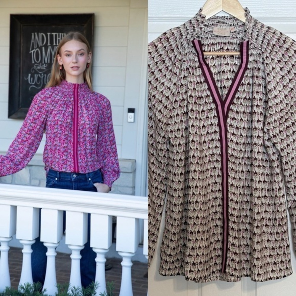 Tuckernuck Rungolee Floral Burgundy White Brooklyn Full Sleeve Silk Blouse XS